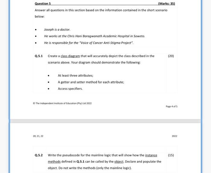 Question 5 Marks 35 Answer All Questions In This Section Based On The Information Contained In The Short Scenario Bel 1