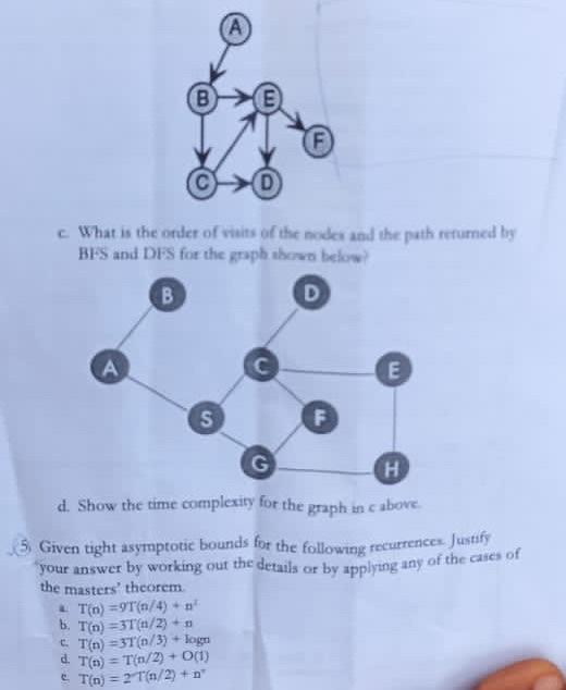 B A D C What Is The Order Of Visits Of The Nodes And The Path Returned By Bfs And Dfs For The Graph Shown Below B D S 1
