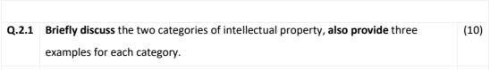 Q 2 1 Briefly Discuss The Two Categories Of Intellectual Property Also Provide Three Examples For Each Category 10 1