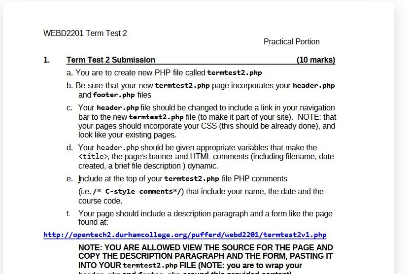 Webd2201 Term Test 2 1 Practical Portion Term Test 2 Submission A You Are To Create New Php File Called Termtest2 Php 1