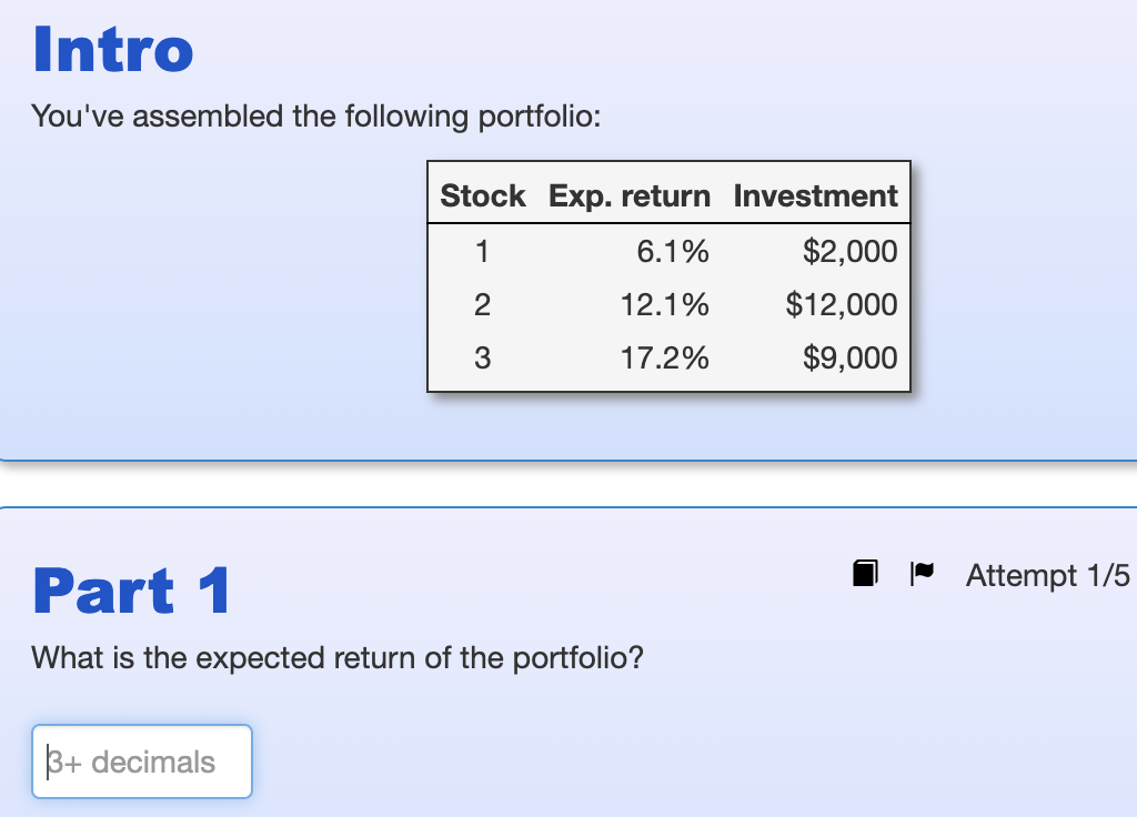 Intro You Ve Assembled The Following Portfolio Stock Exp Return Investment 1 6 1 2 000 2 12 1 12 000 3 17 2 9 00 1
