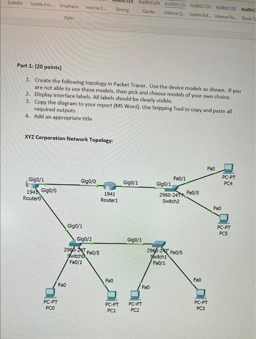 Subtitle Subtle Em Emphasis Styles 2 3 Part 1 20 Points 1 Create The Following Topology In Packet Tracer Use T 1