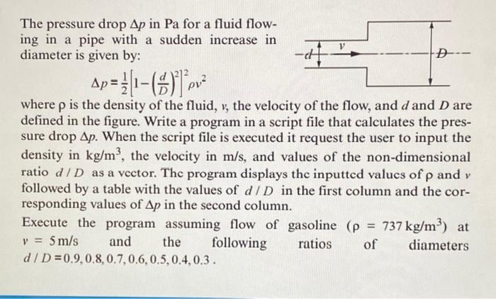 The Pressure Drop Ap In Pa For A Fluid Flow Ing In A Pipe With A Sudden Increase In Diameter Is Given By 44 D Ap 1 1