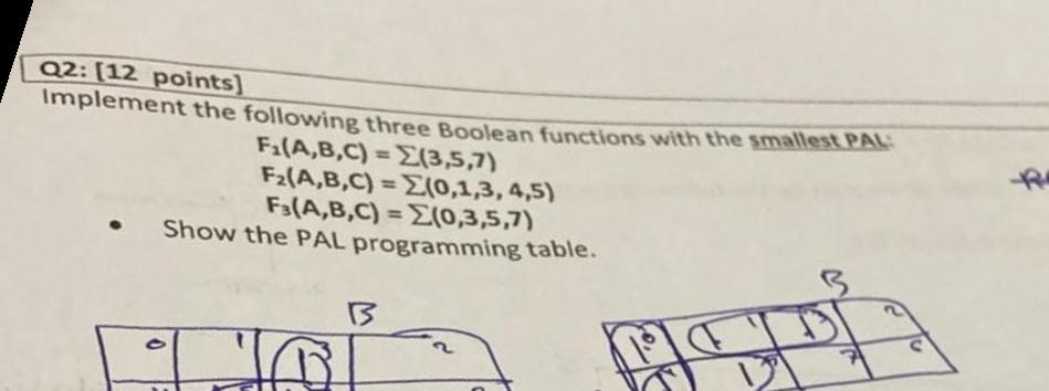 Q2 12 Points Implement The Following Three Boolean Functions With The Smallest Pal F A B C E 3 5 7 F A B C E 0 1