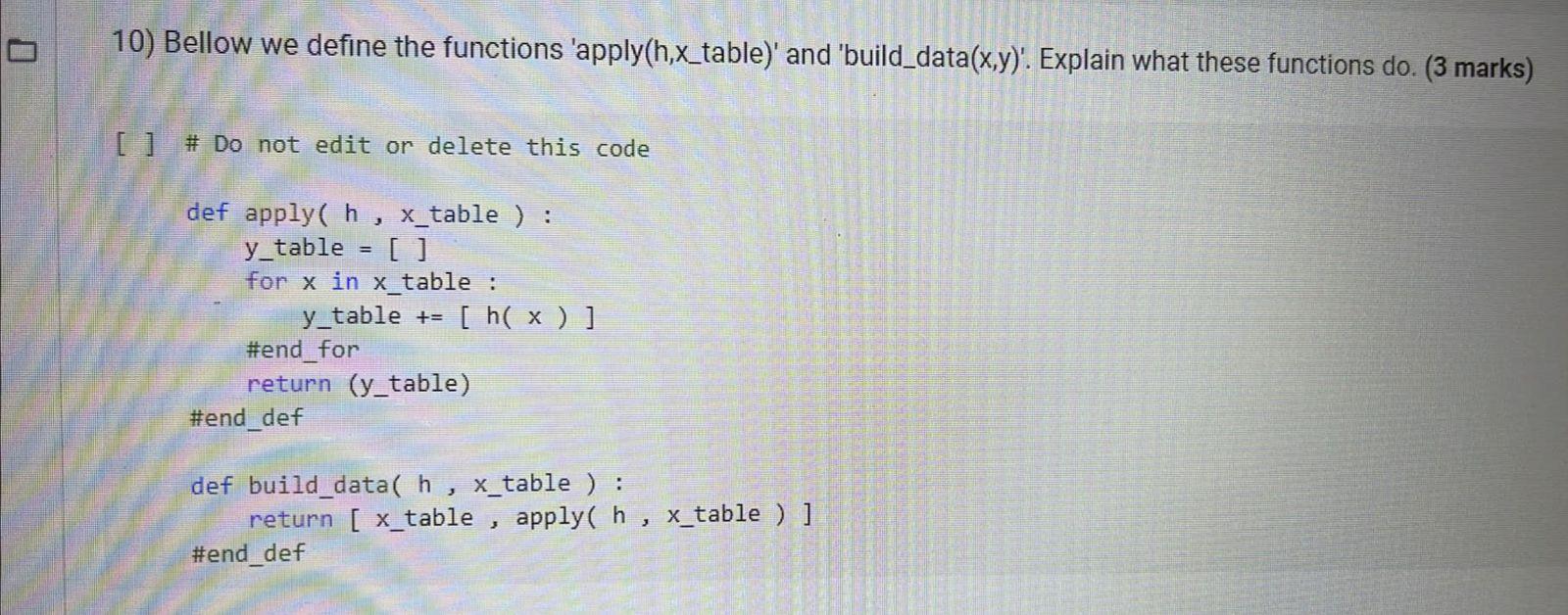 10 Bellow We Define The Functions Apply H X Table And Build Data X Y Explain What These Functions Do 3 Marks 1