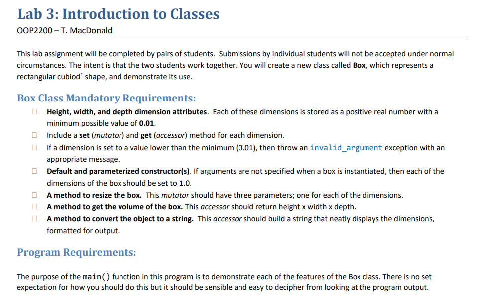 Lab 3 Introduction To Classes Oop2200 T Macdonald This Lab Assignment Will Be Completed By Pairs Of Students Submis 1