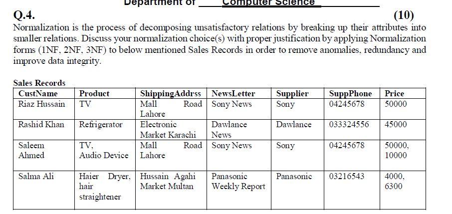 Sales Records Custname Riaz Hussain Q 4 10 Normalization Is The Process Of Decomposing Unsatisfactory Relations By Br 1