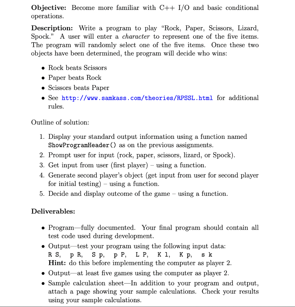 Objective Become More Familiar With C I O And Basic Conditional Operations Description Write A Program To Play Roc 1