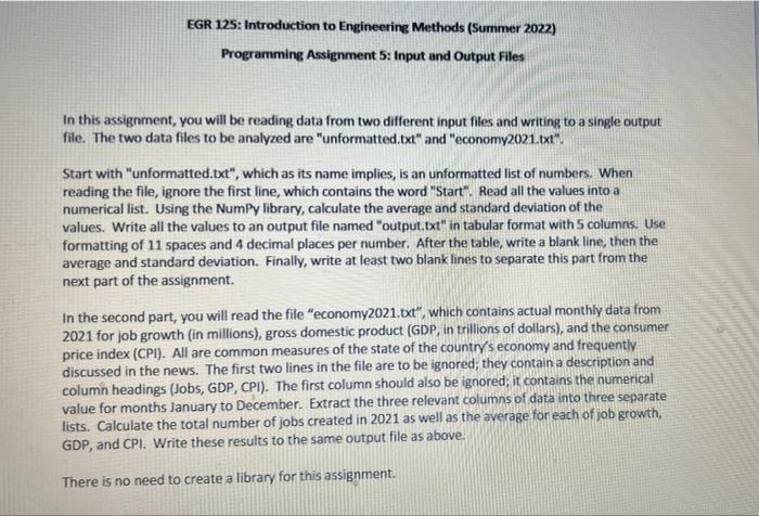 Egr 125 Introduction To Engineering Methods Summer 2022 Programming Assignment 5 Input And Output Files In This Assi 1