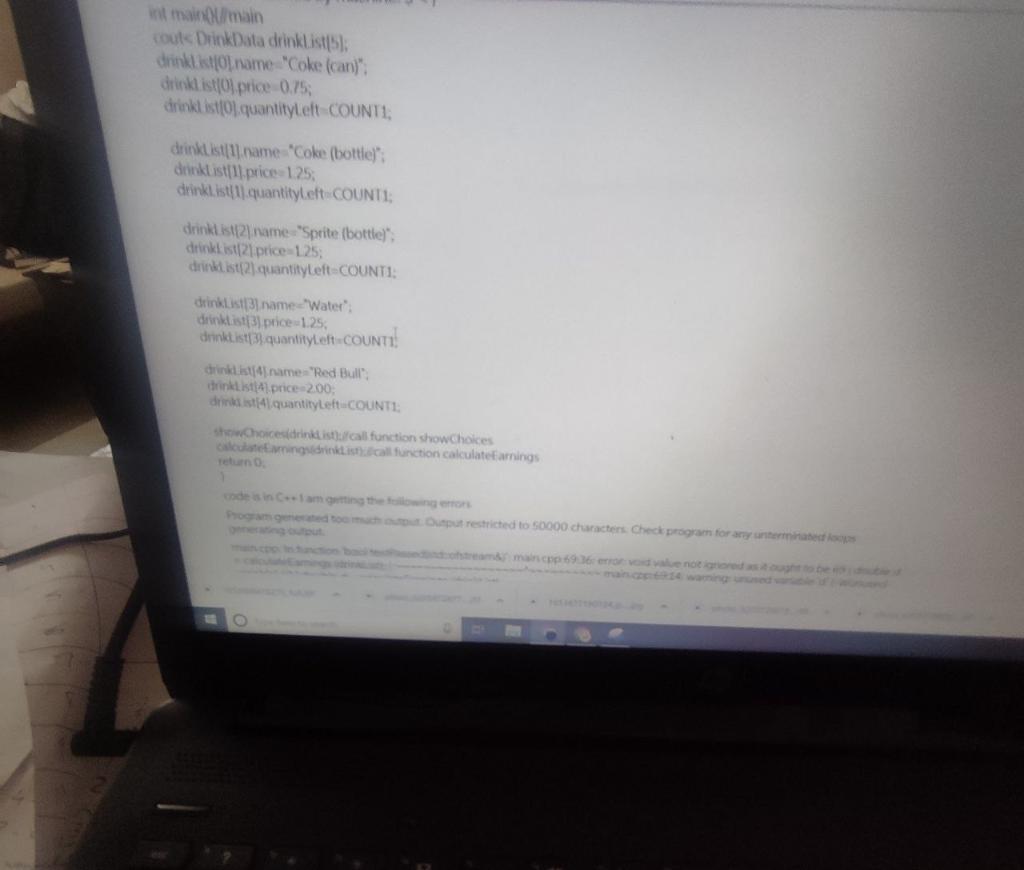 Int Mainq Main Couts Drinkdata Drinklist 5 Drinklist 0 Name Coke Can Drinkl Ist 0 Price 0 75 Drinklist 0 Quan 1