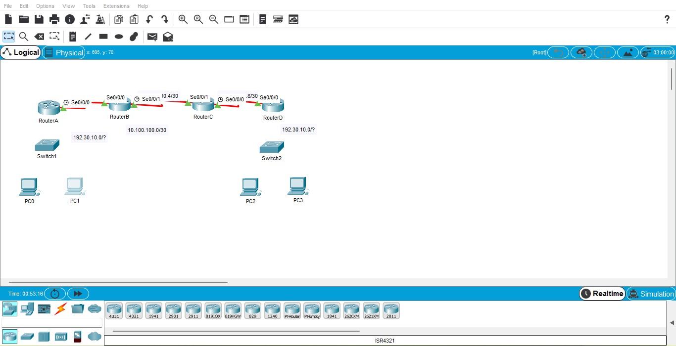 File Edit Options View Tools Extensions Help A Logical Physical X 695 Y 70 Pco Routera Switch1 Time 00 53 16 O Se0 1