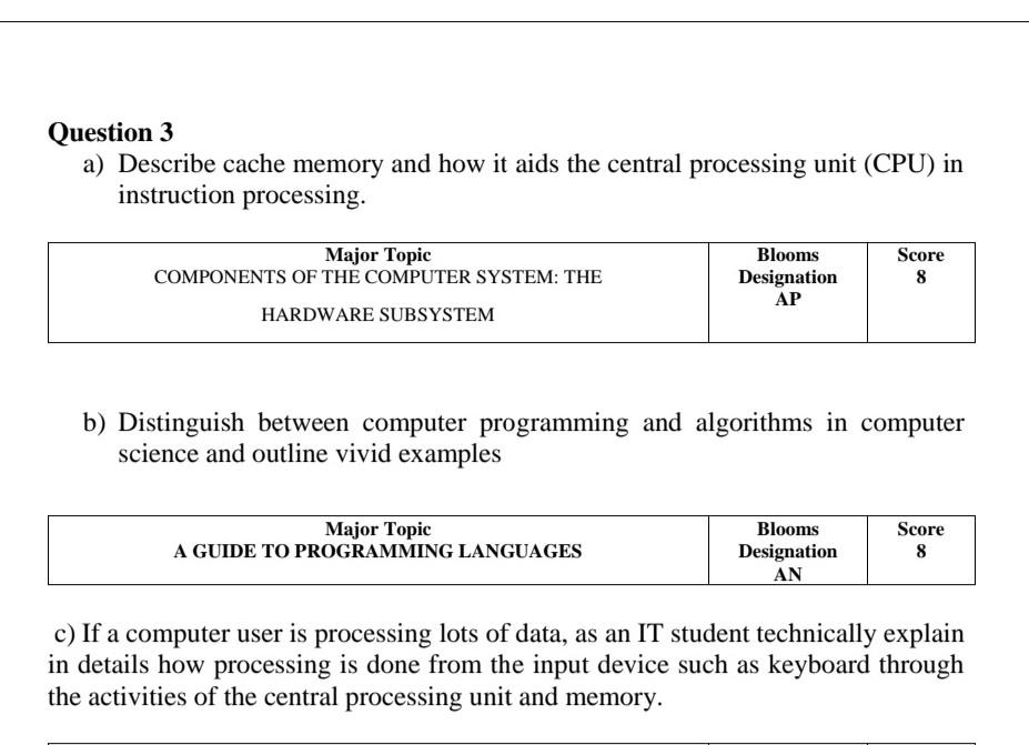 Question 3 A Describe Cache Memory And How It Aids The Central Processing Unit Cpu In Instruction Processing Major T 1