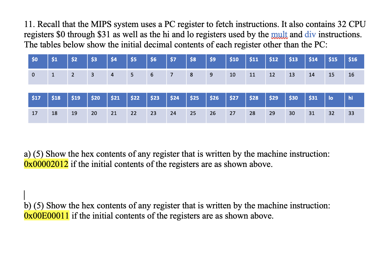 11 Recall That The Mips System Uses A Pc Register To Fetch Instructions It Also Contains 32 Cpu Registers 0 Through 1