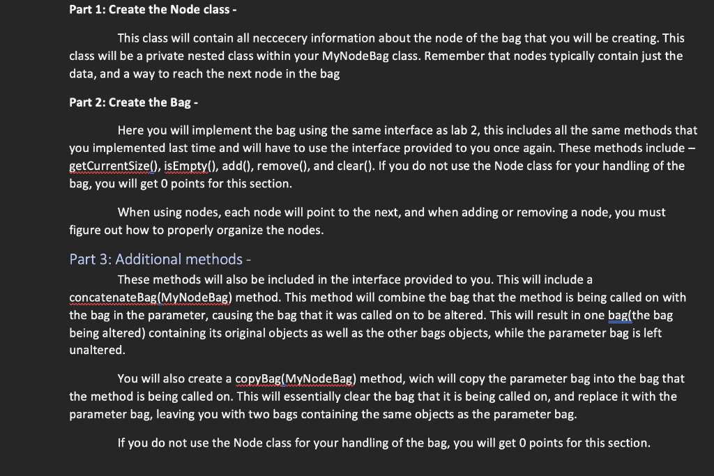 Part 1 Create The Node Class This Class Will Contain All Neccecery Information About The Node Of The Bag That You Wil 1