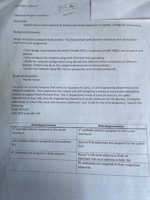 Cist 2451 Cisco 1 Capstone Project Version 3 Objectives Explain How A Small Network Of Directly Connected Segments Is Cr 1