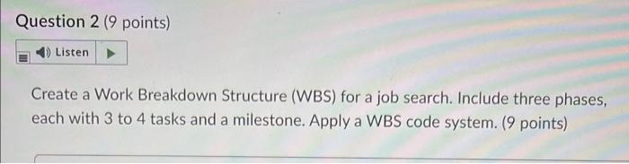 Question 2 9 Points Listen Create A Work Breakdown Structure Wbs For A Job Search Include Three Phases Each With 3 1