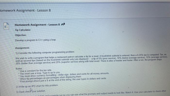 Omework Assignment Lesson 8 Homework Assignment Lesson 8 A Tip Calculator Objective Develop A Program In C Using A 2
