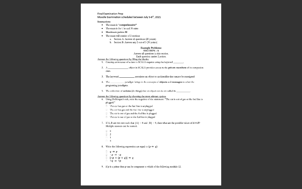 Final Examination Prep Moodle Examination Scheduled Between July 5 6th 2021 Instructions The Exam Is Comprehensive 1