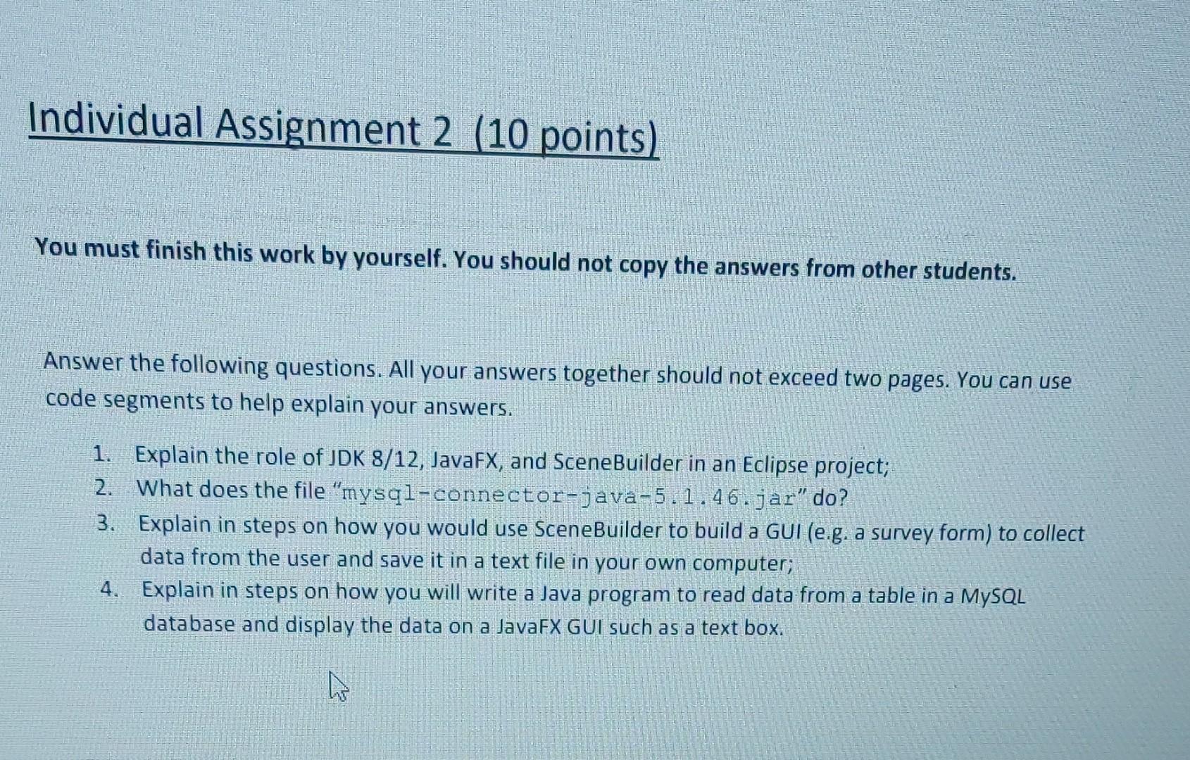 Individual Assignment 2 10 Points You Must Finish This Work By Yourself You Should Not Copy The Answers From Other St 1