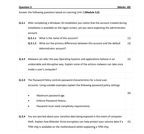 Question 3 Answer The Following Questions Based On Learning Unit 3 Module 3 6 Marks 20 Q 3 1 After Completing A Win 1