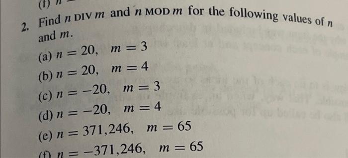 2 Find N Div M And N Mod M For The Following Values Of N And M A N 20 M 3 B N 20 M 4 C N 20 M 3 1