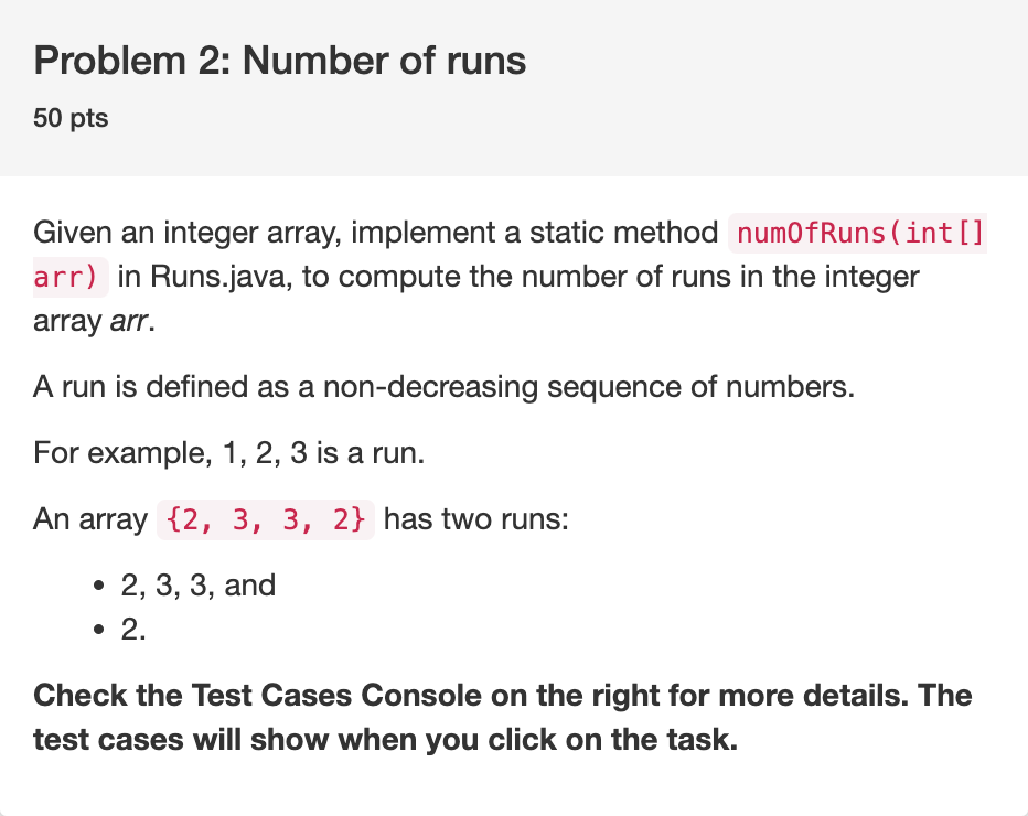 Problem 2 Number Of Runs 50 Pts Given An Integer Array Implement A Static Method Num0fruns Int Arr In Runs Java T 1