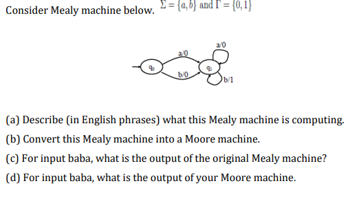 Consider Mealy Machine Below A B And I 0 1 A 0 A 0 B 1 A Describe In English Phrases What This Mealy Machin 1