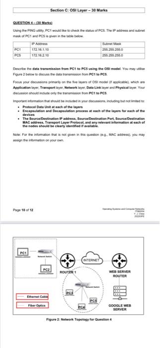 Question 4 30 Marka Using The Ping Utty Pc1 Would Like To Check The Status Of Pcs The Ip Address And Subnet Mask Of Pc 1