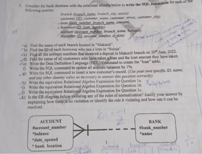 1 Consider The Bank Database With The Relational Schema Below To Write The Sql Commands For Each Of The Following Queri 1
