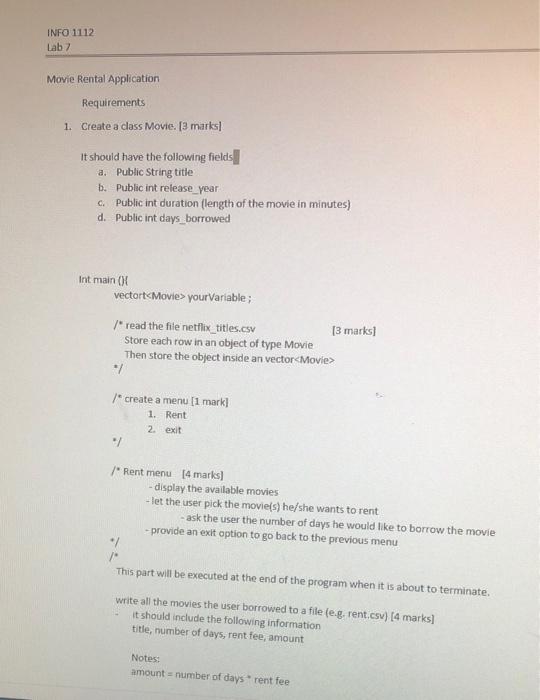 Info 1112 Lab 7 Movie Rental Application Requirements 1 Create A Class Movie 3 Marks It Should Have The Following Fi 1