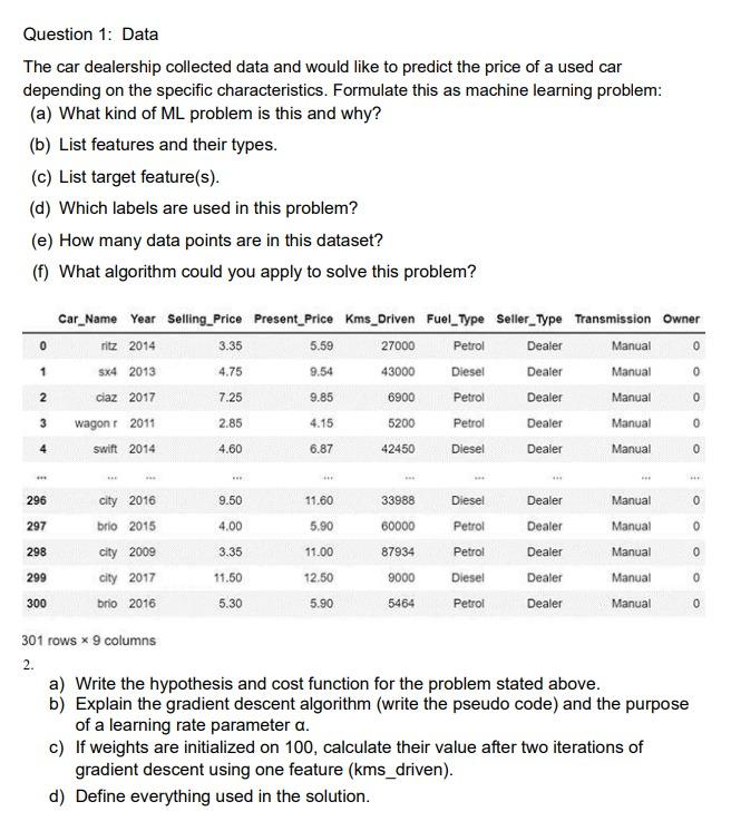 Question 1 Data The Car Dealership Collected Data And Would Like To Predict The Price Of A Used Car Depending On The Sp 1