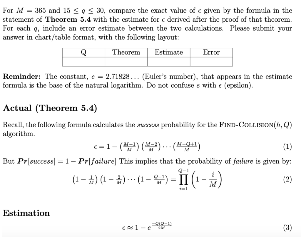For M 365 And 15 Q 30 Compare The Exact Value Of E Given By The Formula In The Statement Of Theorem 5 4 With Th 1