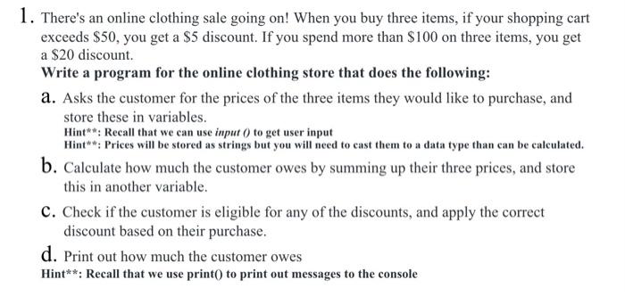 1 There S An Online Clothing Sale Going On When You Buy Three Items If Your Shopping Cart Exceeds 50 You Get A 5 D 1