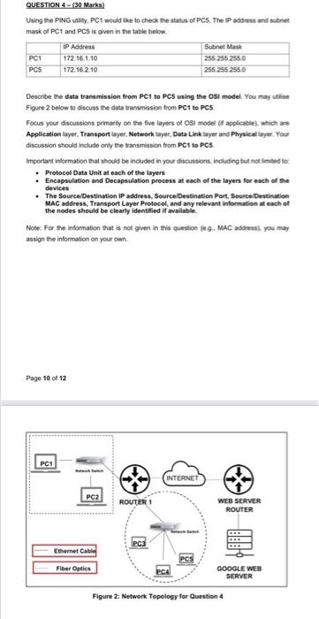 Question 4 30 Marks Using The Ping Utility Pc1 Would Like To Check The Status Of Pcs The Ip Address And Subnet Mask 1