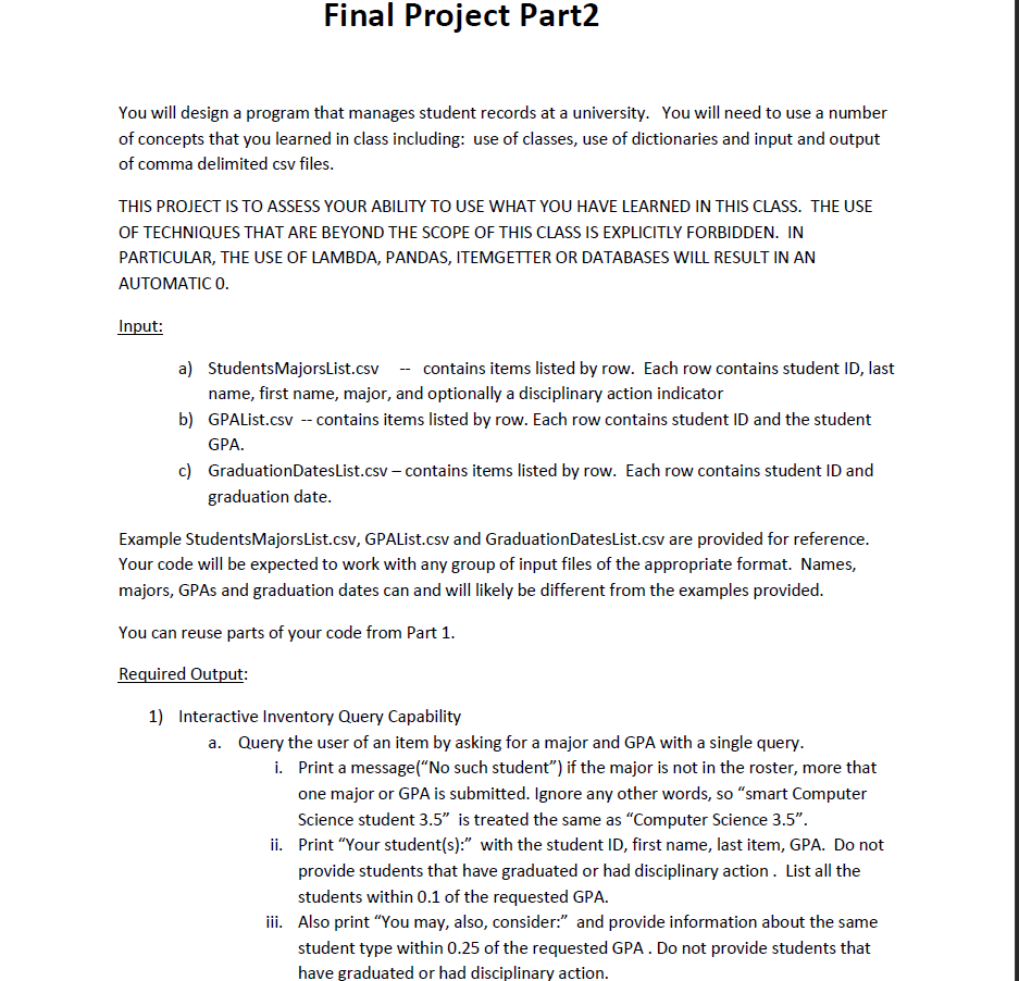 Final Project Part2 You Will Design A Program That Manages Student Records At A University You Will Need To Use A Numbe 1