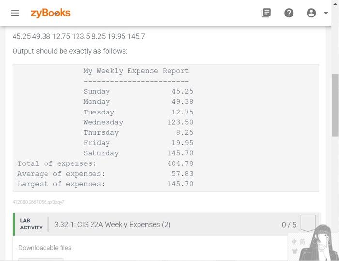 Zybooks 45 25 49 38 12 75 123 5 8 25 19 95 145 7 Output Should Be Exactly As Follows 412080 2661056 Qx3zqy7 Total Of E 1