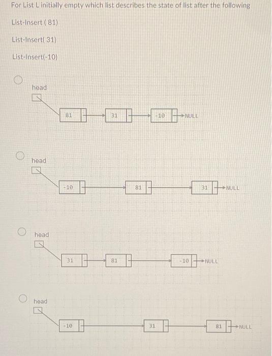 For List L Initially Empty Which List Describes The State Of List After The Following List Insert 81 List Insert 31 L 1