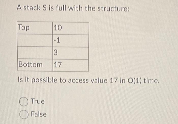 A Stack S Is Full With The Structure Top 10 1 3 Bottom 17 Is It Possible To Access Value 17 In O 1 Time True False 1