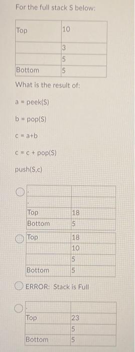 For The Full Stack S Below Top A Peek S B Pop S Bottom What Is The Result Of C A B C C Pop S Push S C Top 1