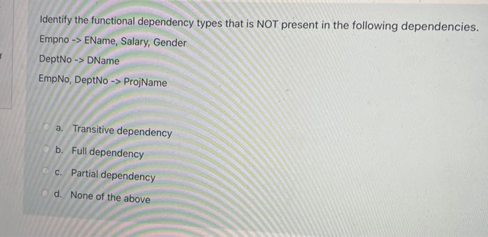 Identify The Functional Dependency Types That Is Not Present In The Following Dependencies Empno Ename Salary Gend 1
