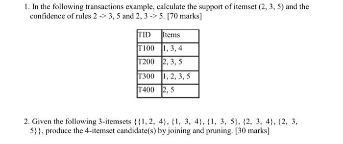 1 In The Following Transactions Example Calculate The Support Of Itemset 2 3 5 And The Confidence Of Rules 2 3 1