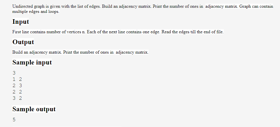 Undirected Graph Is Given With The List Of Edges Build An Adjacency Matrix Print The Number Of Ones In Adjacency Matri 1