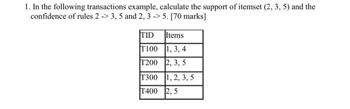 1 In The Following Transactions Example Calculate The Support Of Itemset 2 3 5 And The Confidence Of Rules 2 3 1