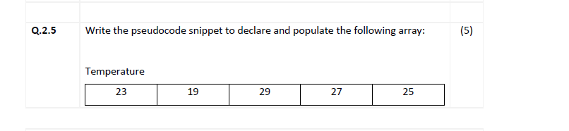 Q 2 5 Write The Pseudocode Snippet To Declare And Populate The Following Array Temperature 23 19 29 27 25 5 1