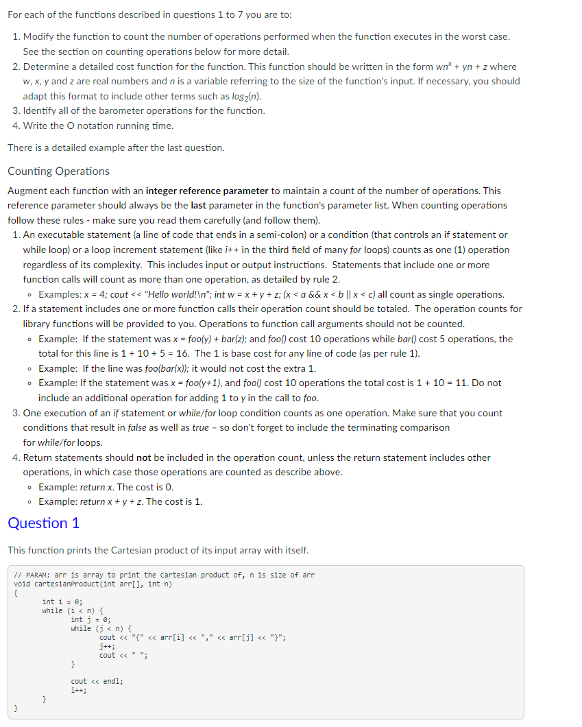 For Each Of The Functions Described In Questions 1 To 7 You Are To 1 Modify The Function To Count The Number Of Operat 1