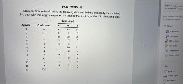 Sign In To Access To Acrobat Pro Dc Homework 3 1 Draw An Aon Network Using The Following Data And Find The Probability 1