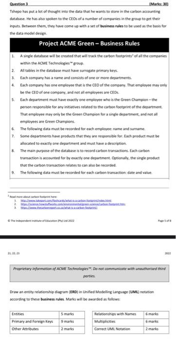 Question 3 Marks 30 Tshepo Has Put A Lot Of Thought Into The Data That He Wants To Store In The Carbon Accounting Dat 1
