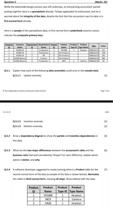 Question 5 Marks 25 While The Datamodel Design Process Was Still Underway An Enterprising Accountant Started Putting 1