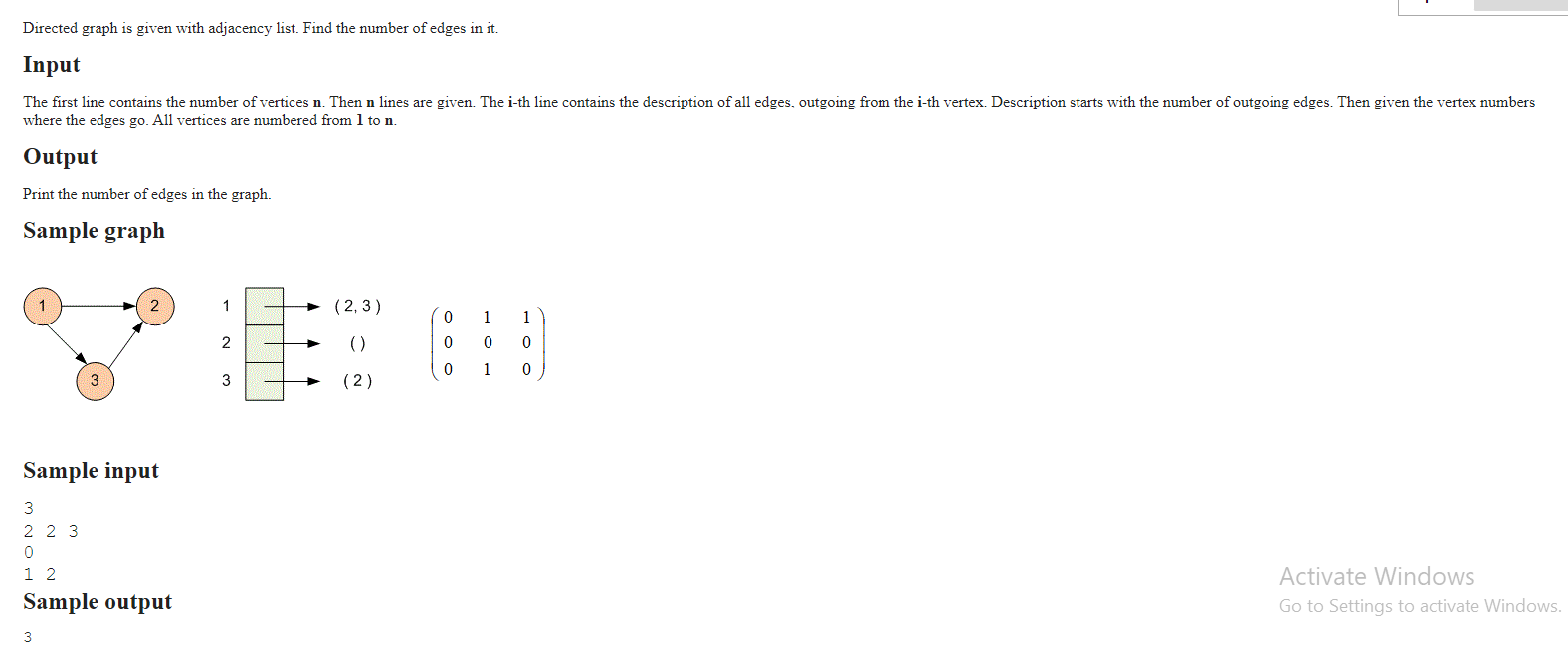 Directed Graph Is Given With Adjacency List Find The Number Of Edges In It Input The First Line Contains The Number Of 1