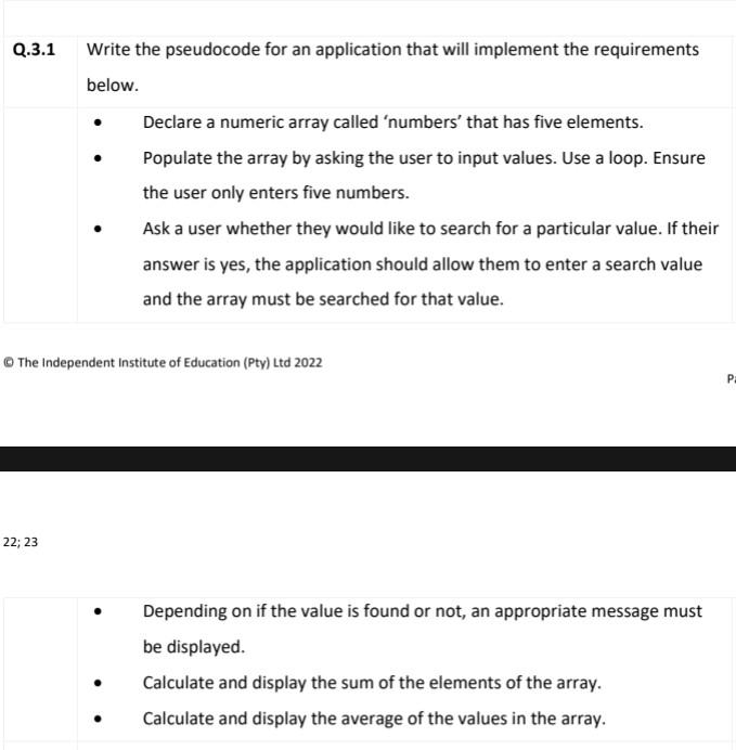 Q 3 1 Write The Pseudocode For An Application That Will Implement The Requirements Below 22 23 Declare A Numeric Arr 1